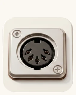 A five-pin DIN socket, its pins set in a semicircular arc inside a round shroud, screwed to a square plate