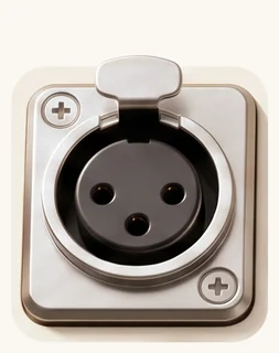 A three-pin XLR socket in a round latching flange, screwed to a square plate