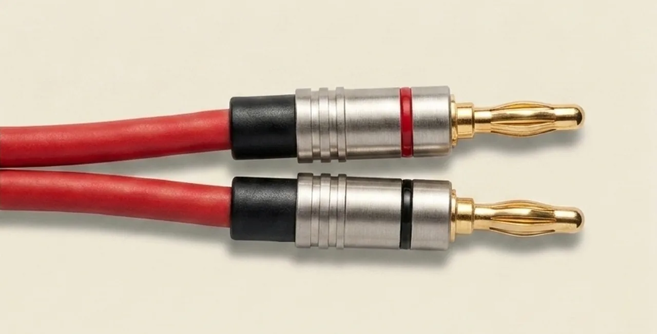 A pair of gold-plated banana plugs on red speaker cable, their 4mm pins split into springy leaves, one collar banded red and the other black.
