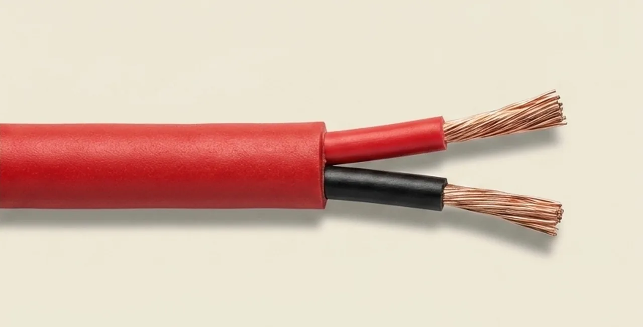 The stripped end of a two-core speaker cable: the red and black conductors emerging from red outer sheathing, each ending in a twist of bare copper strands.