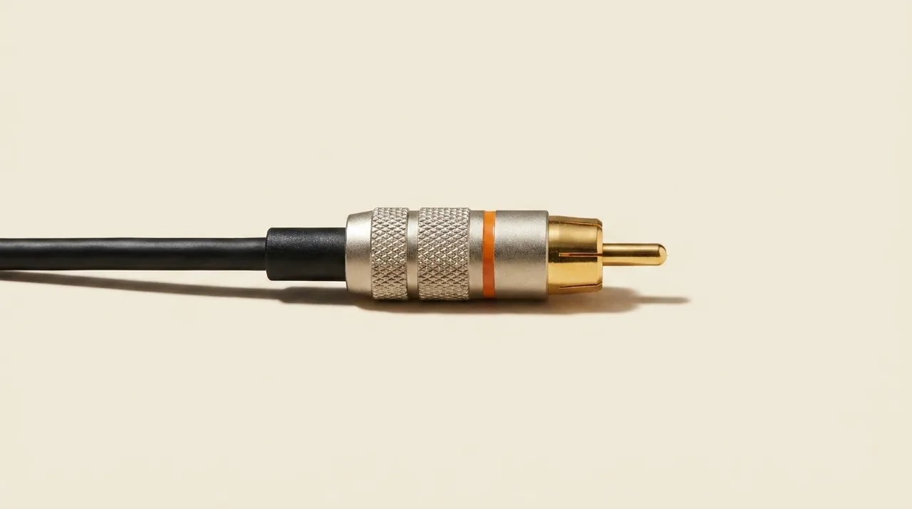A coaxial digital cable end: an RCA-shaped plug with a knurled metal barrel, a single orange identification band, a split gold outer collar and one gold centre pin standing proud of it.