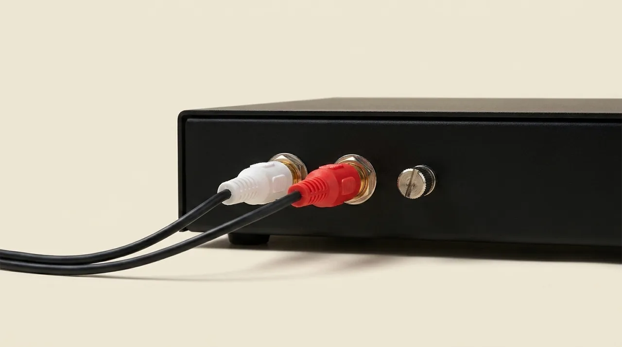 The back of an amplifier: a white RCA plug pushed into the left phono socket and a red one into the right, their cables running away to the left, with a slotted ground screw on the panel beside them.