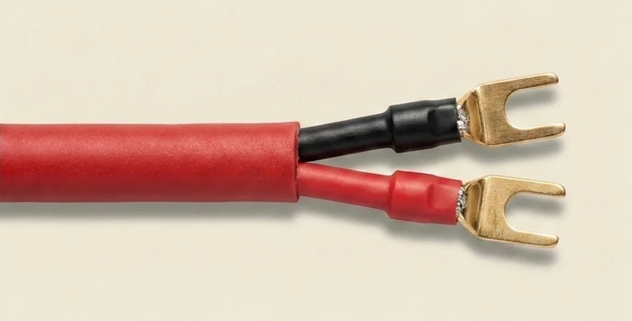 A pair of gold-plated spade connectors on red speaker cable, each an open U-shaped fork sized to slip around a binding-post shaft.