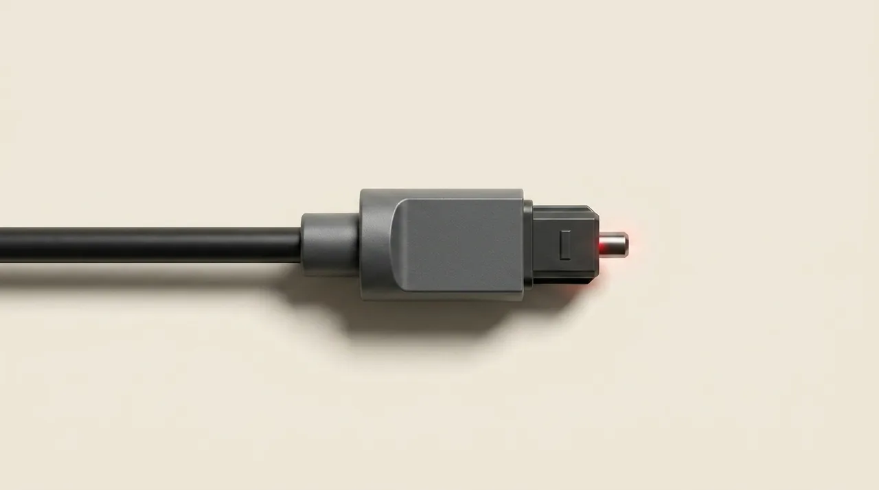 A Toslink optical cable end: a squared dark grey plastic body with a short cylindrical ferrule at its tip, the very end of the ferrule glowing faintly red from the light passing down the fibre.