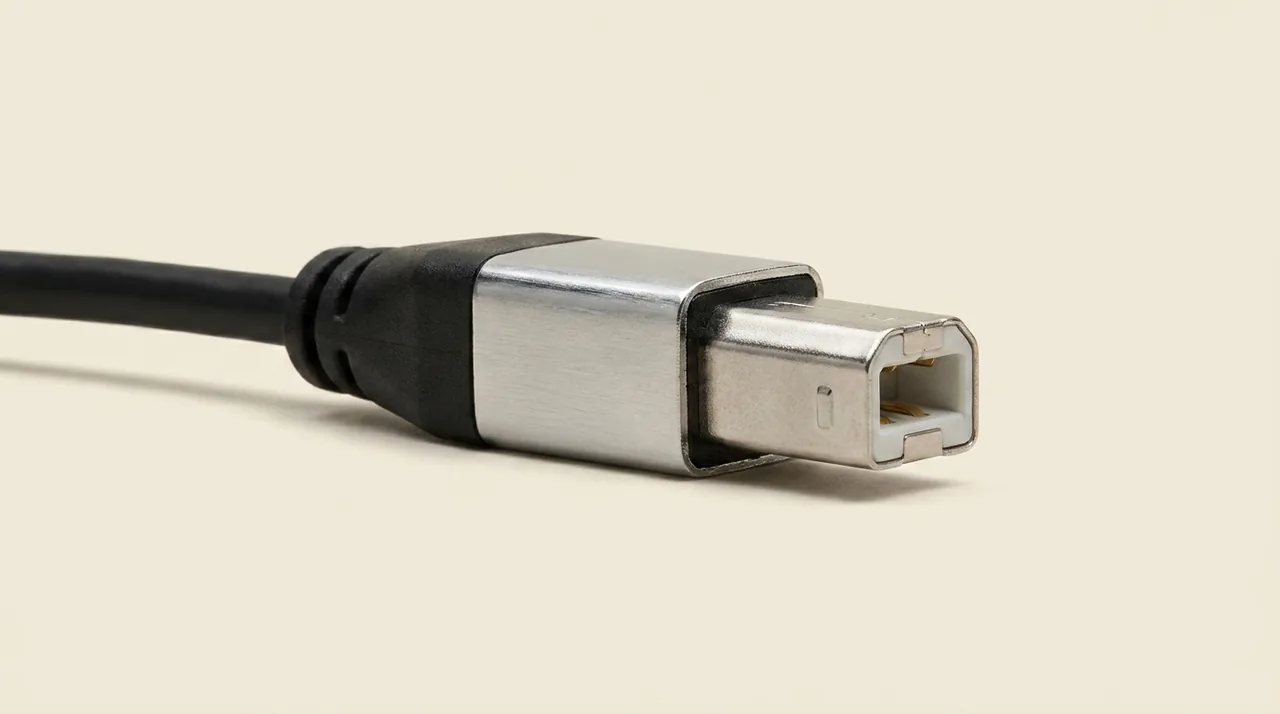 A USB type B cable end: a chrome shell whose squared opening has both upper corners bevelled, with a retention notch above and below, and the pale inner tongue and its gold contacts visible inside.